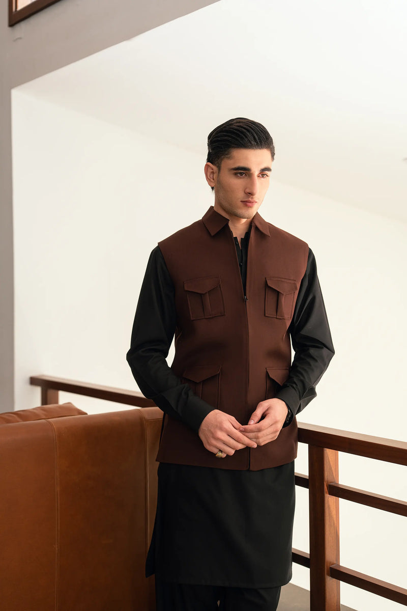 Coffee Brown Zipper Suiting Waistcoat W-2021
