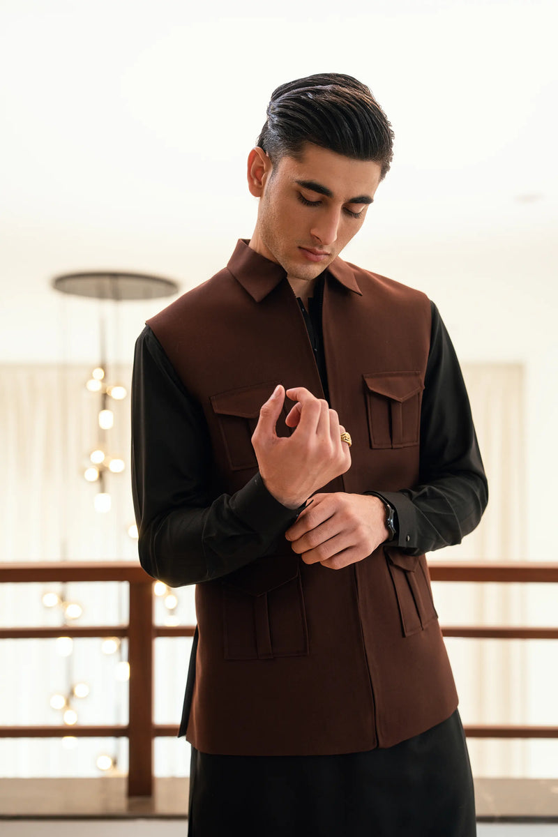 Coffee Brown Zipper Suiting Waistcoat W-2021