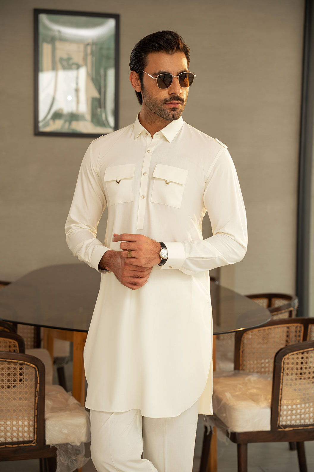 Cream Double Pocket Kurta Trouser C-10209