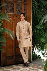 Beige Floral Embroidered Waistcoat W-2852