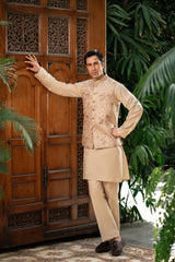 Beige Floral Embroidered Waistcoat W-2852