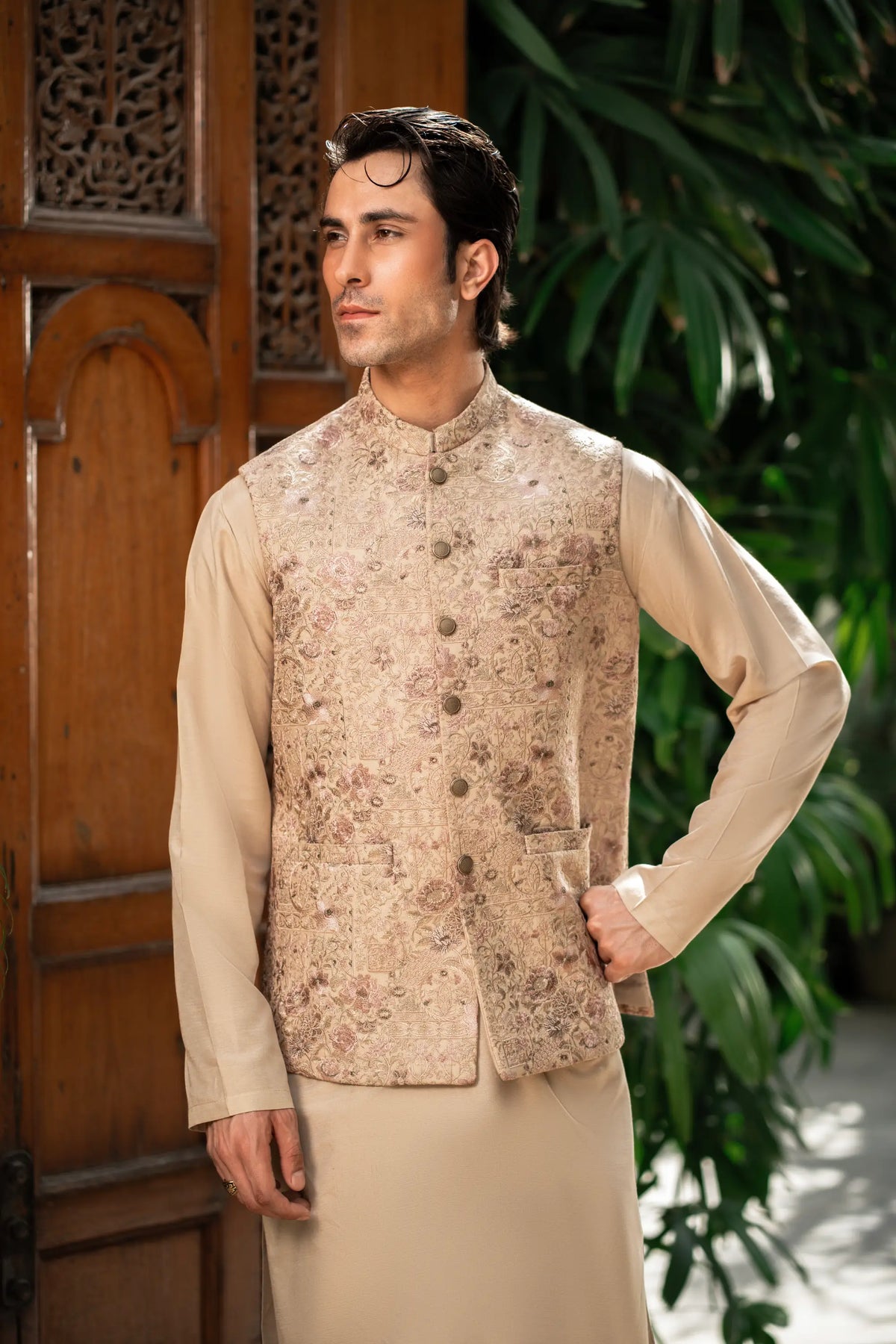 Beige Floral Embroidered Waistcoat W-2852