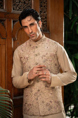 Beige Floral Embroidered Waistcoat W-2852
