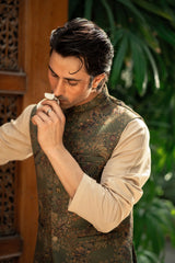 Olive Green Embroidered Waistcoat W-2885