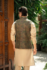 Olive Green Embroidered Waistcoat W-2885