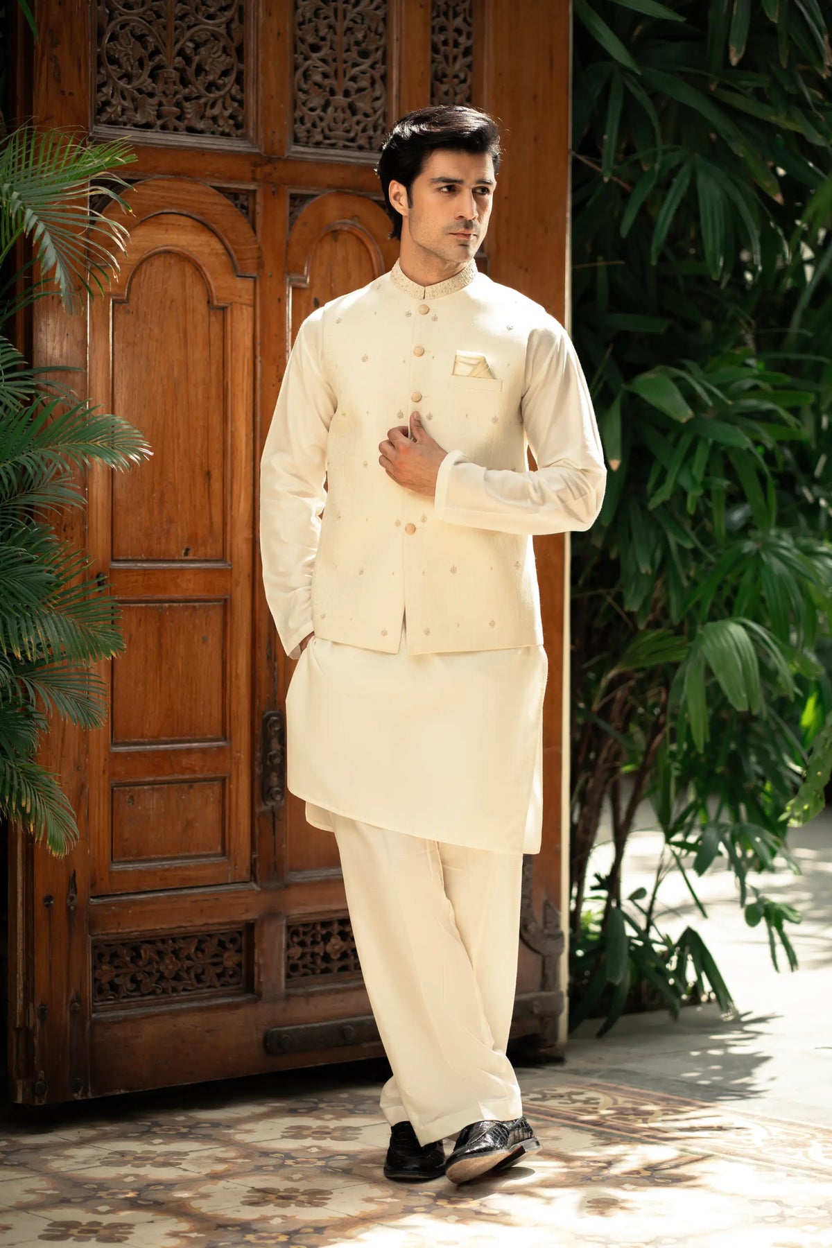 Cream Embroidered Waistcoat W-2806