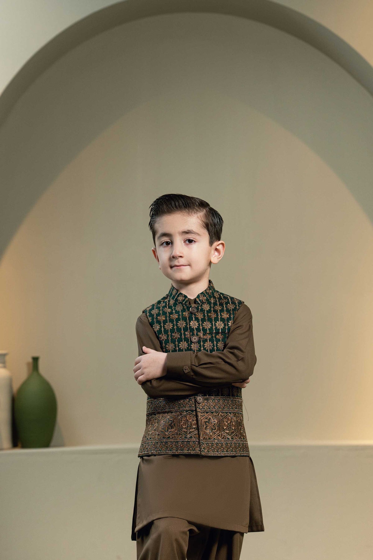 Bottle Green Embroidered Waistcoat Suit KD - 1