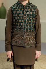 Bottle Green Embroidered Waistcoat Suit KD - 1