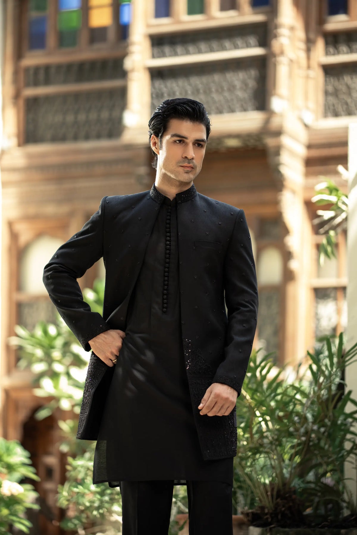 Black Embroidered Front Open Sherwani GS-5150