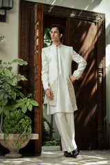 White and Gold Embroidered Front Open Sherwani PC-5150