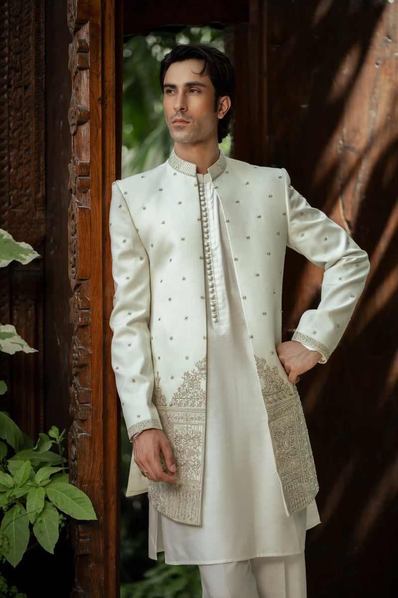 White and Gold Embroidered Front Open Sherwani PC-5150