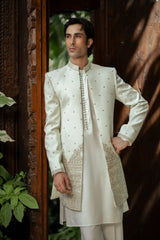 White and Gold Embroidered Front Open Sherwani PC-5150
