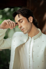 White and Gold Embroidered Front Open Sherwani PC-5150