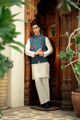 Teal blue Embroidered Waistcoat W-2906