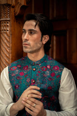Teal blue Embroidered Waistcoat W-2906