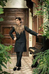 Black Gold Embroidered Waistcoat W-3016