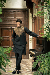 Black Gold Embroidered Waistcoat W-3016