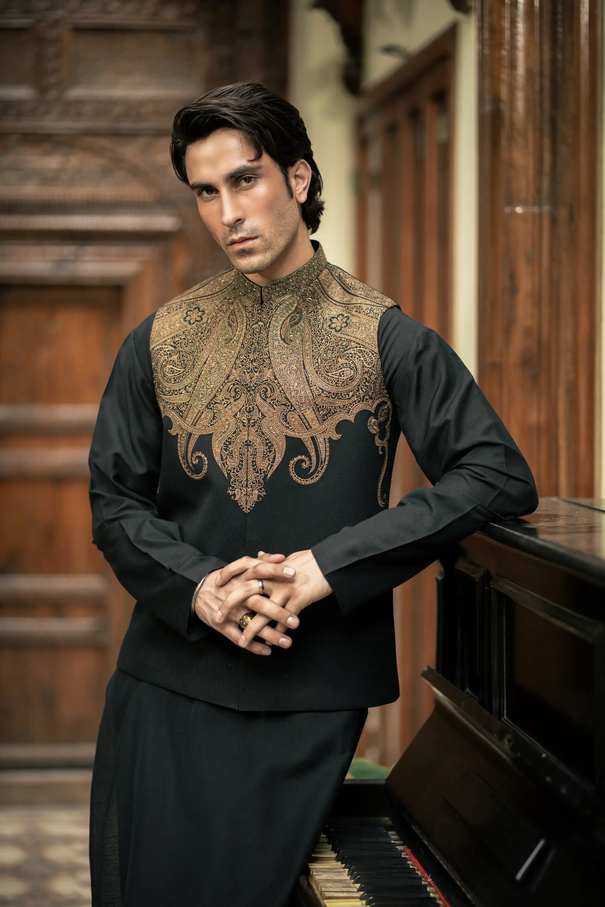 Black Gold Embroidered Waistcoat W-3016