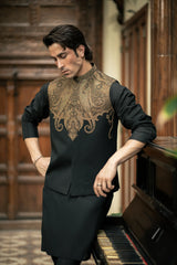 Black Gold Embroidered Waistcoat W-3016