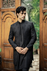 Black Embroidered Front Open Sherwani GS-5149