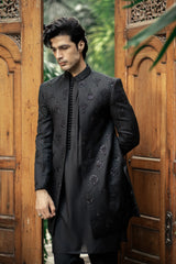 Black Embroidered Front Open Sherwani GS-5149