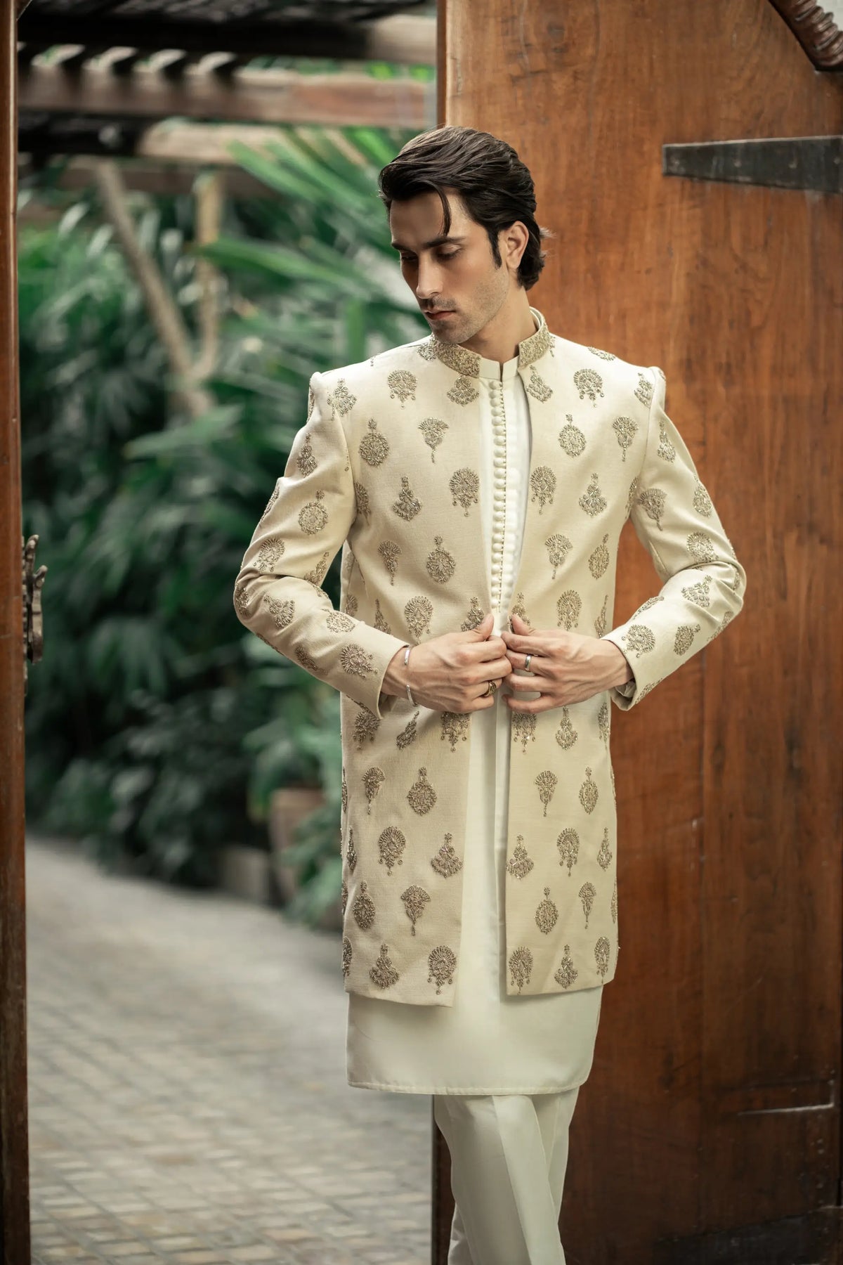 Fawn Embroidered Front Open Sherwani GS-5151