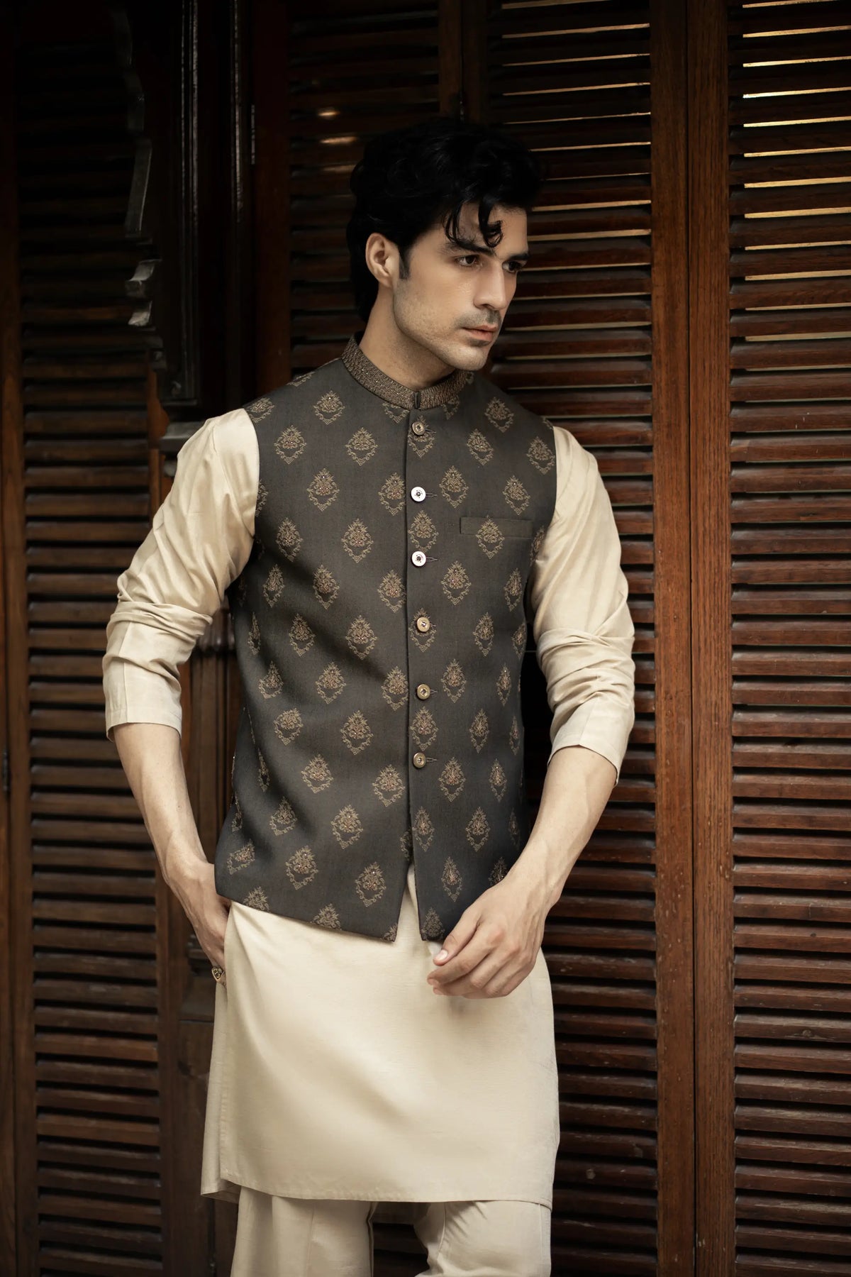 Coffee Brown Embroidered Waistcoat W-2891