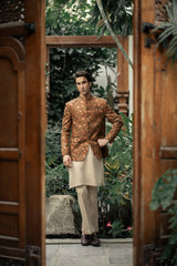 Rust Floral Embroidered Prince Coat PC-584