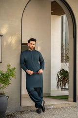 Teal Blue Embroidered Kameez Shalwar C-10201