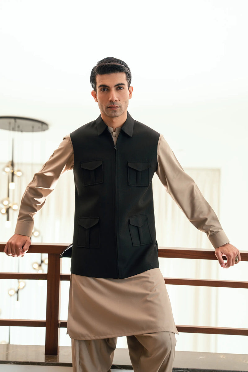Charcoal Grey Zipper Suiting Waistcoat W-2023